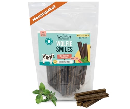 Wolf Belly - Hundeleckerli Getreidefrei (28 stück) Dental Sticks Hund, Hundesnacks Rind und Oregano, Kauknochen Hund Zahnpflege, Dog Treats Beef, Leckerer Fleischgeschmack, Reich an Proteinen von Wolf Belly Natural Pet Goodness