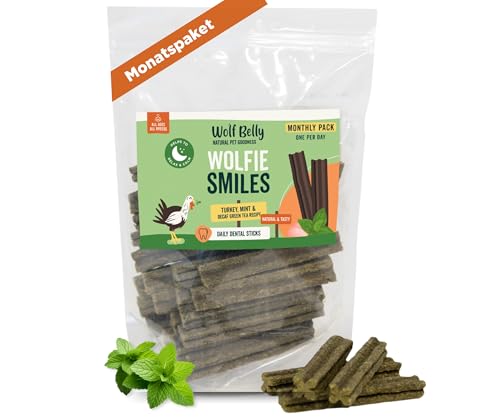 Wolf Belly - Hundeleckerli Getreidefrei (28 stück) Dental Sticks Hund, Hundesnacks Truthahn und Minze, Kauknochen Hund Zahnpflege, Dog Treats, Leckerer Fleischgeschmack, Reich an Proteinen von Wolf Belly Natural Pet Goodness