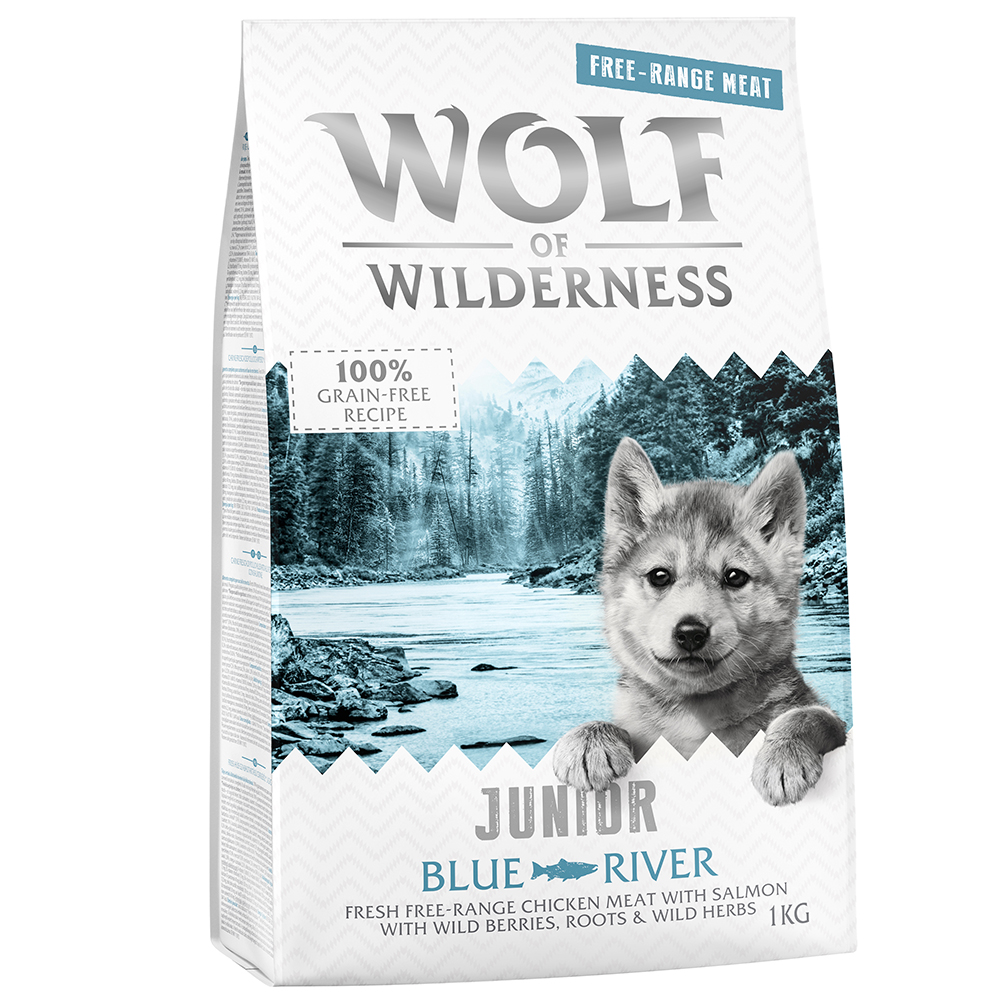 1 kg Wolf of Wilderness - getreidefrei zum Sonderpreis! - Junior "Blue River" - Freilandhuhn & Lachs von Wolf of Wilderness