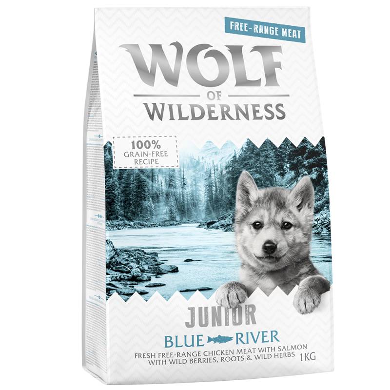 1 kg Wolf of Wilderness - getreidefrei zum Sonderpreis! - Junior "Blue River" - Freilandhuhn & Lachs von Wolf of Wilderness