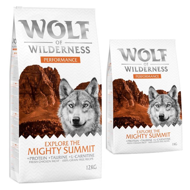 12 + 1 kg gratis! 13 kg Wolf of Wilderness Trockenfutter Explore The Mighty Summit - Huhn (Performance) von Wolf of Wilderness