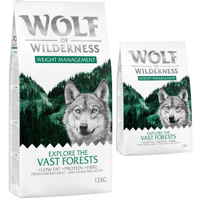 12 + 1 kg gratis! 13 kg Wolf of Wilderness Trockenfutter Explore The Vast Forests - Huhn (Weight Management) von Wolf of Wilderness