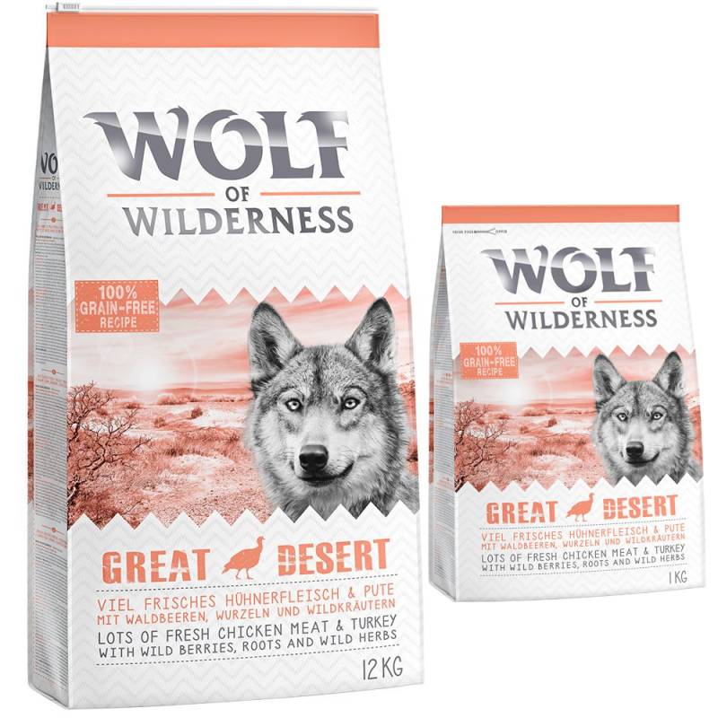 12 + 1 kg gratis! 13 kg Wolf of Wilderness Trockenfutter Great Desert - Pute von Wolf of Wilderness