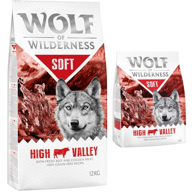 12 + 1 kg gratis! 13 kg Wolf of Wilderness Trockenfutter "Soft - High Valley" - Rind (halbfeucht) von Wolf of Wilderness