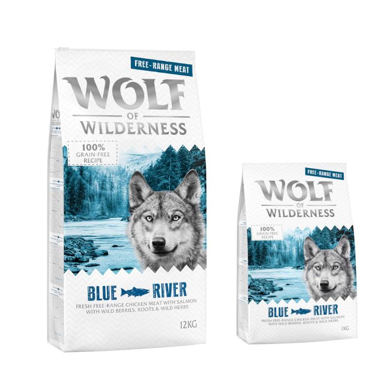12 + 2 kg gratis! 14 kg Wolf of Wilderness Trockenfutter - Blue River - Freilandhuhn & Lachs von Wolf of Wilderness