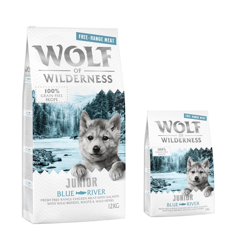 12 + 2 kg gratis! 14 kg Wolf of Wilderness Trockenfutter - JUNIOR Blue River - Freilandhuhn & Lachs von Wolf of Wilderness