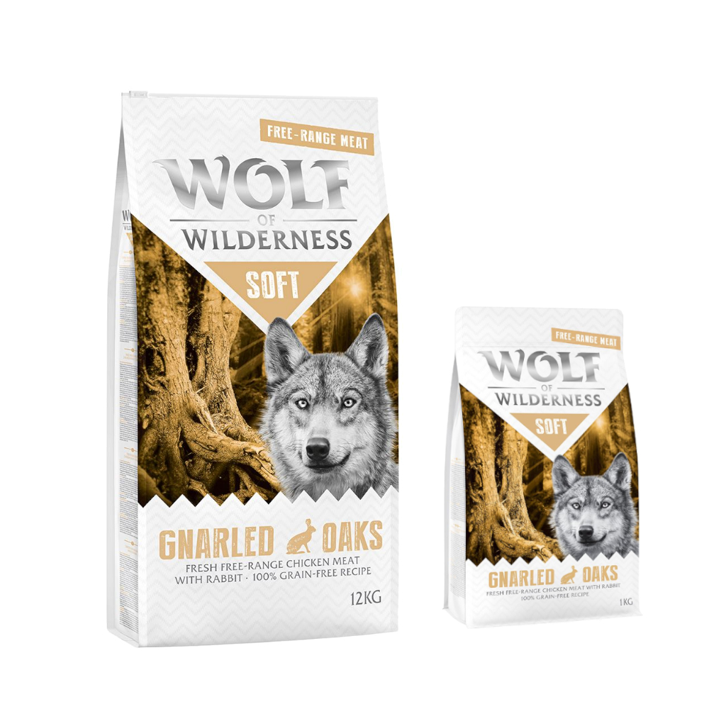 12 + 2 kg gratis! 14 kg Wolf of Wilderness Trockenfutter -  'Soft' Gnarled Oaks - Freilandhuhn & Kaninchen (halbfeucht) von Wolf of Wilderness
