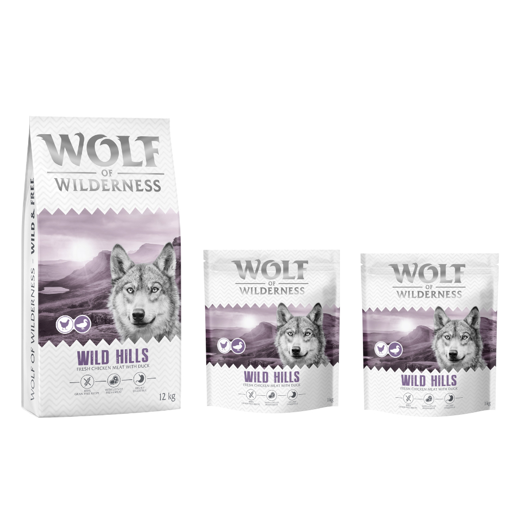 12 + 2 kg gratis! 14 kg Wolf of Wilderness - getreidefreie Rezeptur - Adult "Wild Hills" Ente 12 + 2 kg gratis! 14 kg Wolf of Wilderness - getreidefreie Rezeptur - Adult "Wild Hills" Ente von Wolf of Wilderness
