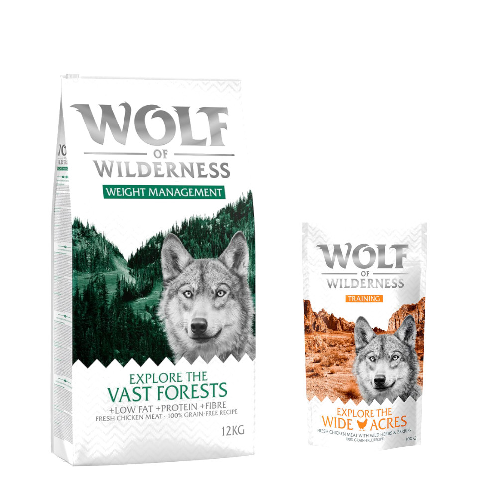 12 kg Wolf of Wilderness + 100 g Training Snack gratis! - Explore The Vast Forests - Huhn (Weight Management) von Wolf of Wilderness