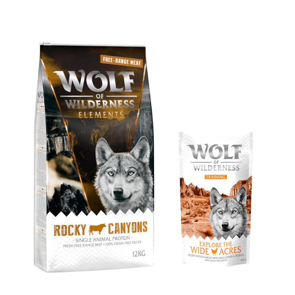 12 kg Wolf of Wilderness + 100 g Training Snack gratis! - Rocky Canyons - Freiland-Rind (Monoprotein) von Wolf of Wilderness