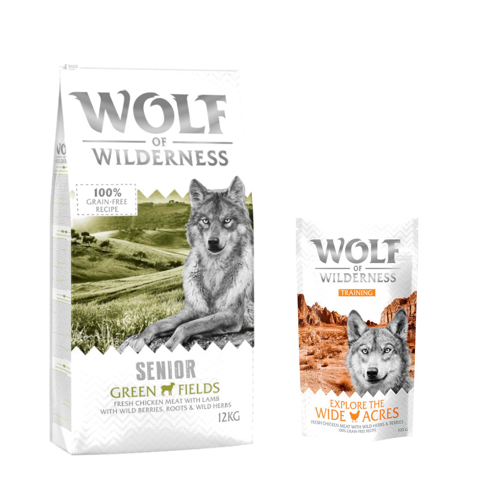 12 kg Wolf of Wilderness + 100 g Training Snack gratis! - SENIOR Green Fields - Lamm von Wolf of Wilderness