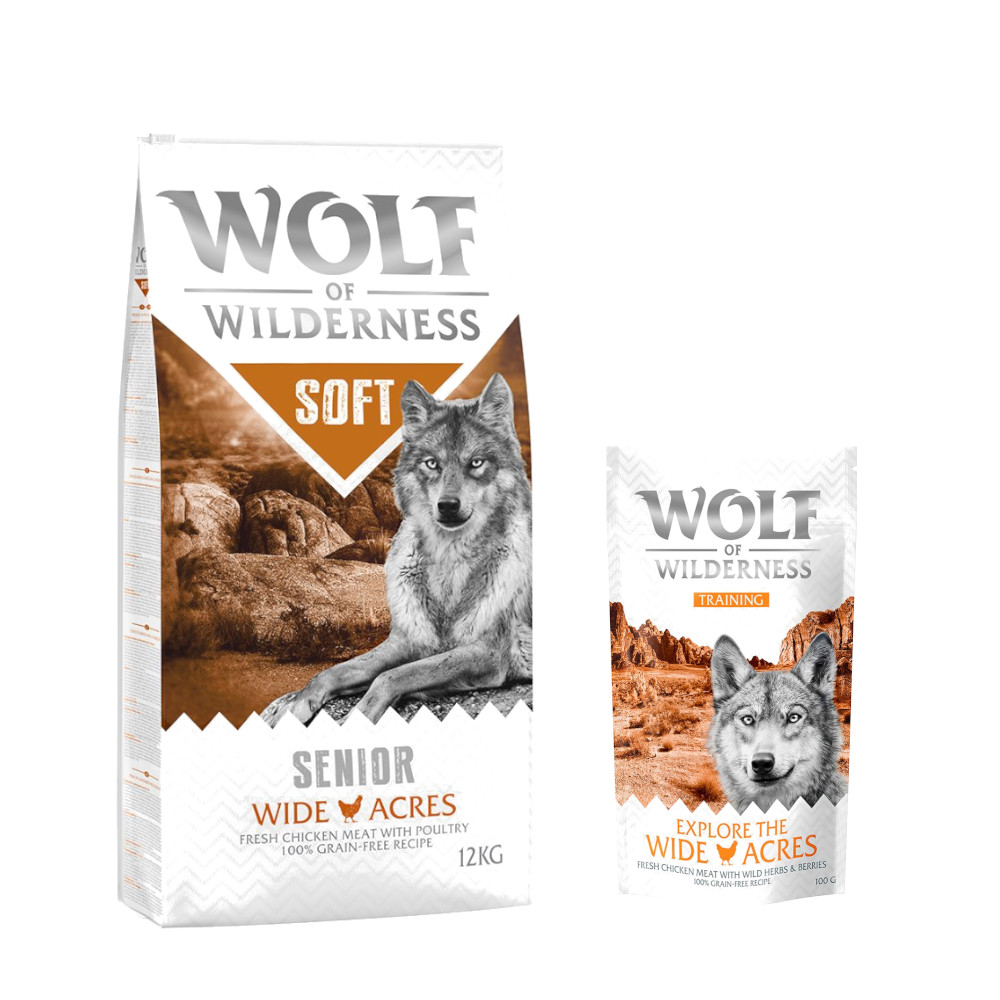 12 kg Wolf of Wilderness + 100 g Training Snack gratis! - SENIOR Wide Acres - Huhn (halbfeucht) von Wolf of Wilderness