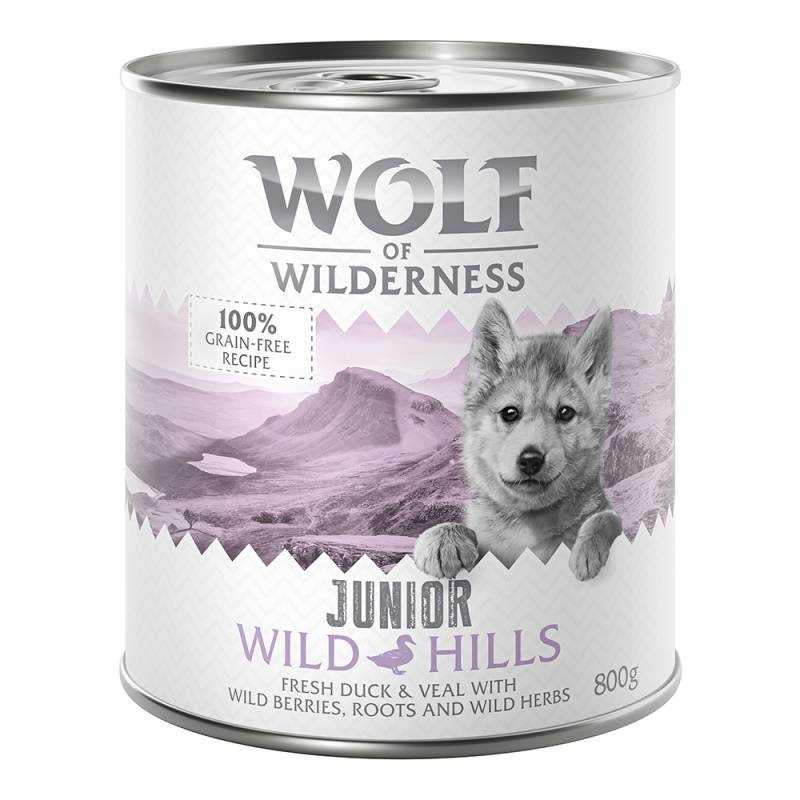 15 % Rabatt: 12 x 800 g Wolf of Wilderness  - JUNIOR Wild Hills - Ente & Kalb von Wolf of Wilderness