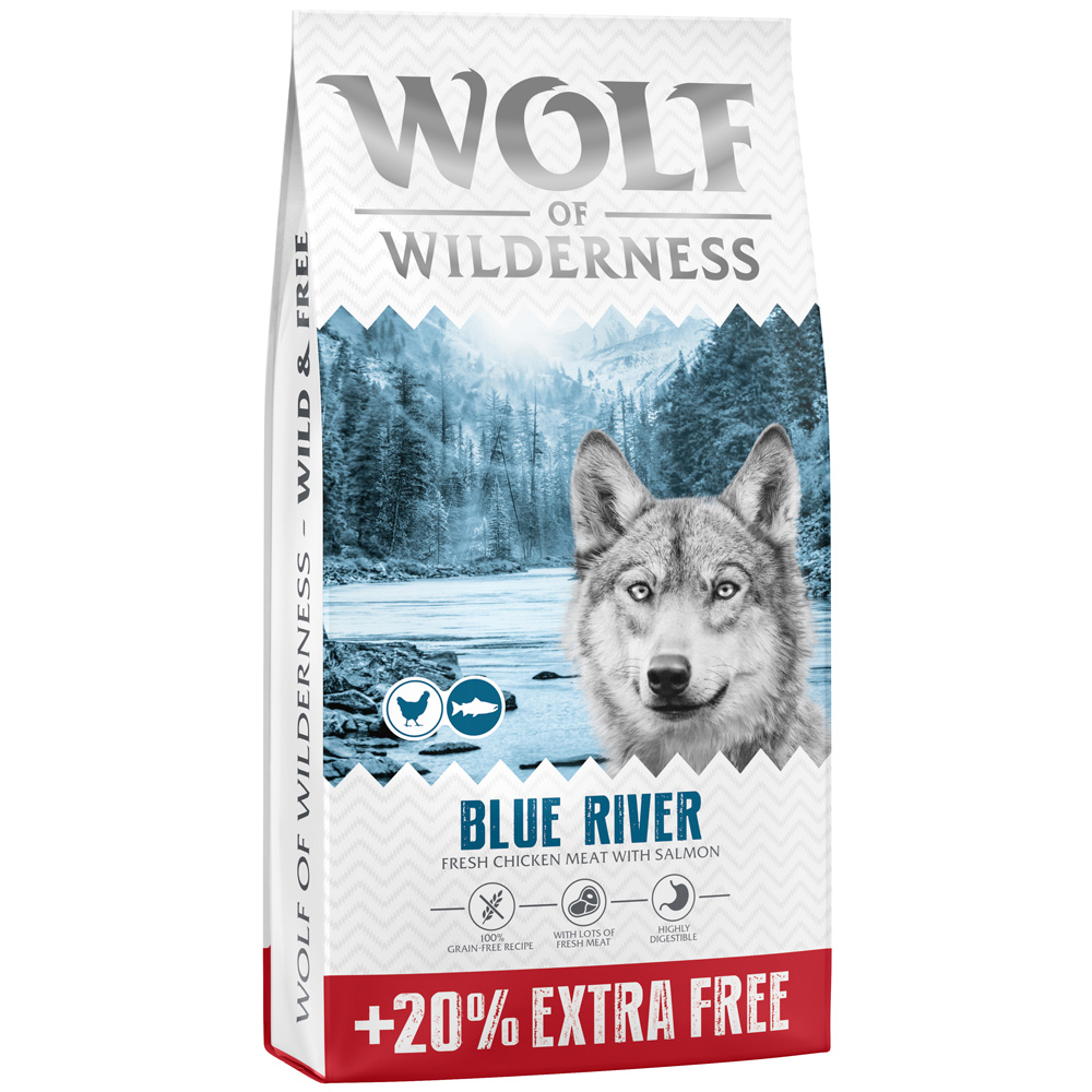 20% gratis! 14,4 kg Wolf of Wilderness Adult Getreidefrei - Blue River - Lachs (Neue Rezeptur) von Wolf of Wilderness