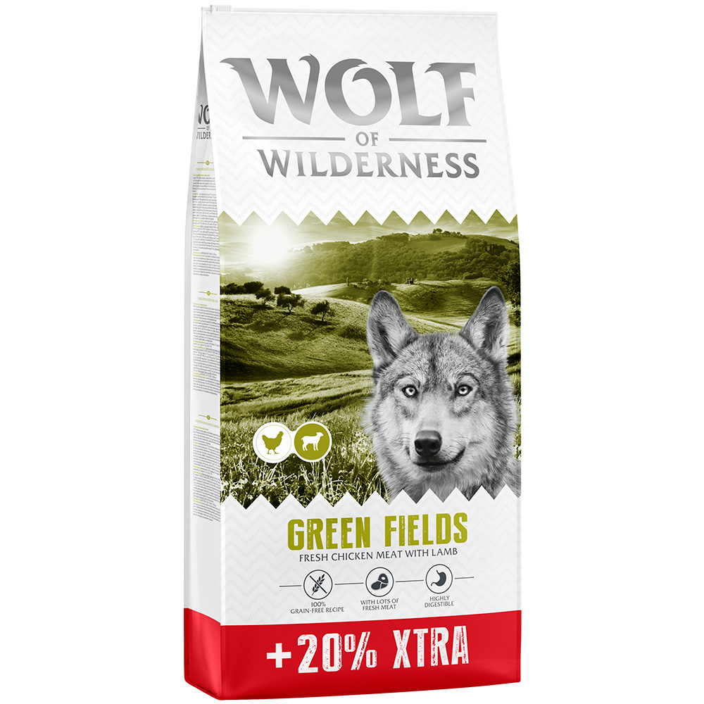 20% gratis! 14,4 kg Wolf of Wilderness Adult Getreidefrei - Green Fields - Lamm von Wolf of Wilderness