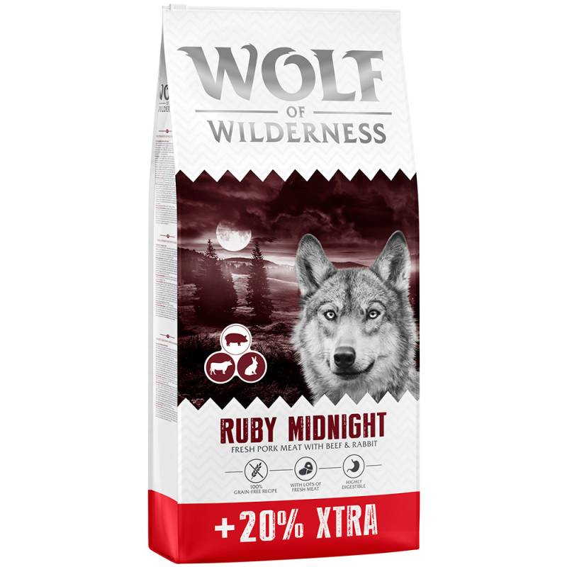 20% gratis! 14,4 kg Wolf of Wilderness Adult Getreidefrei - Ruby Midnight - Rind & Kaninchen von Wolf of Wilderness