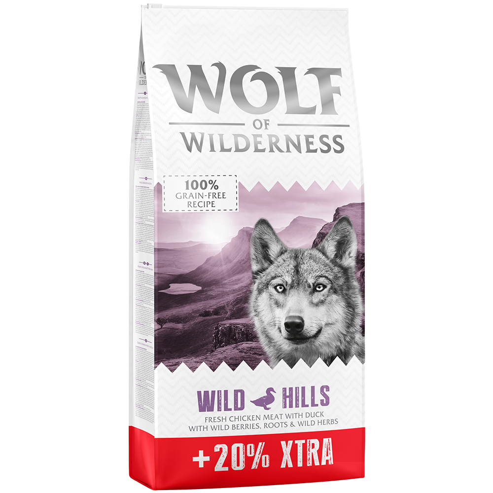 20% gratis! 14,4 kg Wolf of Wilderness Adult Getreidefrei - Top Seller: Wild Hills - Ente von Wolf of Wilderness