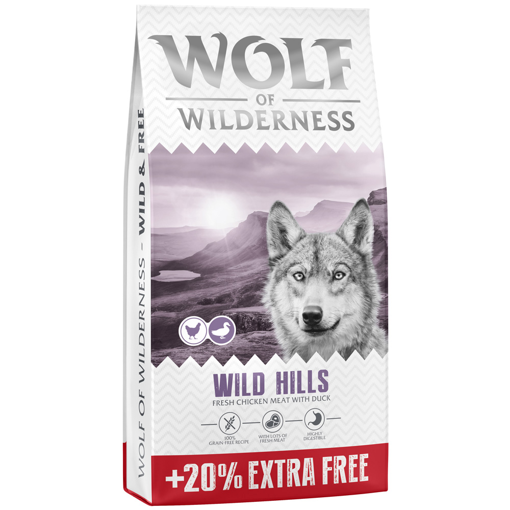 20% gratis! 14,4 kg Wolf of Wilderness Adult Getreidefrei - Wild Hills - Ente (Neue Rezeptur) von Wolf of Wilderness
