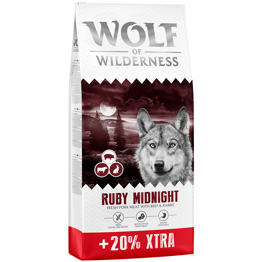 20% gratis! 14,4 kg Wolf of Wilderness - getreidefrei - Ruby Midnight - Rind & Kaninchen von Wolf of Wilderness