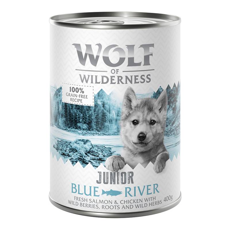 Bis zu 15% Rabatt: Wolf of Wilderness 6 x 400 g  - JUNIOR Blue River - Huhn & Lachs von Wolf of Wilderness