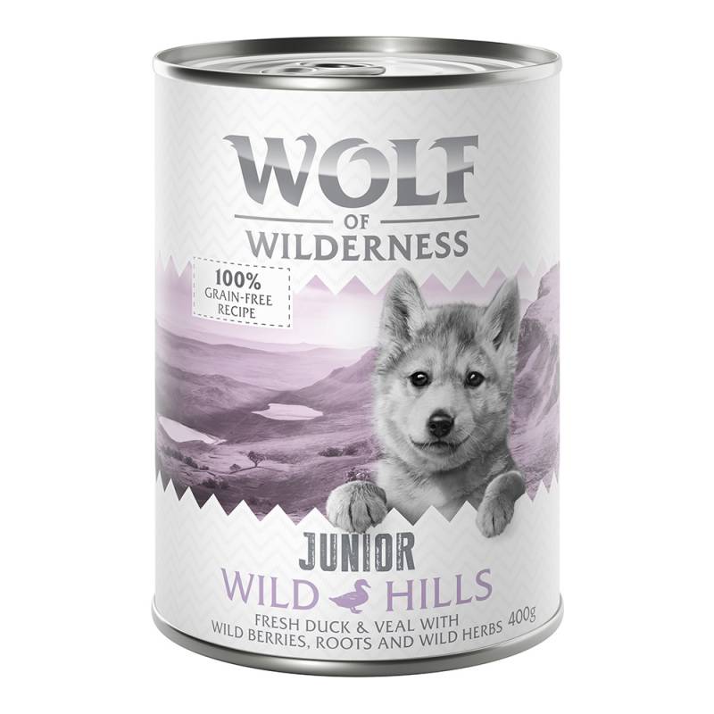 Bis zu 15% Rabatt: Wolf of Wilderness 6 x 400 g  - JUNIOR Wild Hills - Ente & Kalb von Wolf of Wilderness