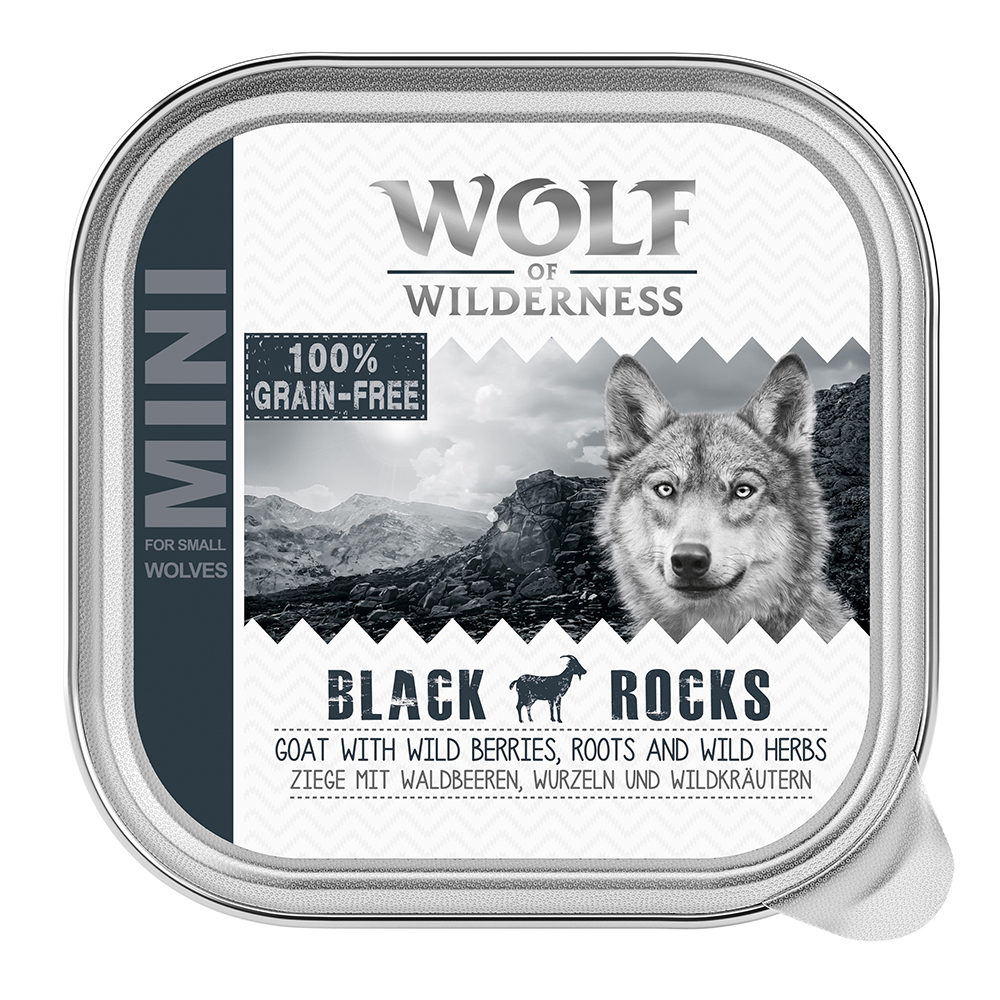 Bis zu 30% Rabatt! 6 x 150 g Wolf of Wilderness Adult - Schale - Black Rocks - Goat* von Wolf of Wilderness