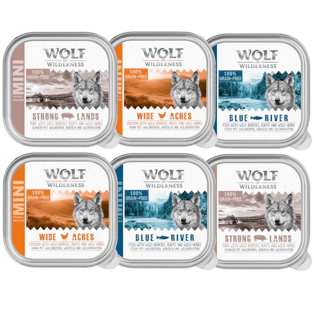 Wolf of Wilderness Adult - Mixpaket - Schale 6 x 150 g: Huhn, Fisch, Schwein von Wolf of Wilderness