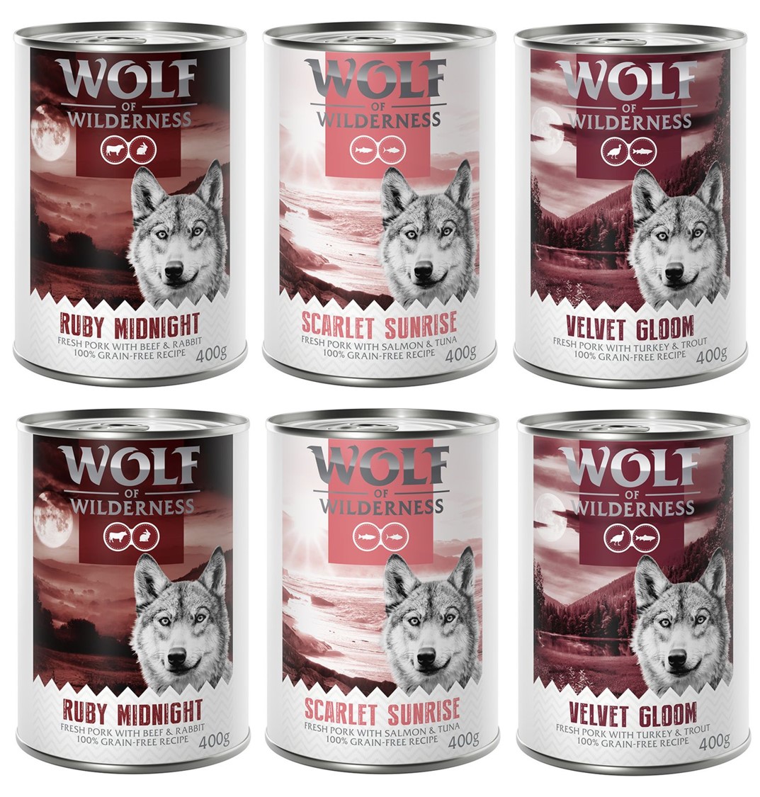 Wolf of Wilderness Adult - Mixpaket - NEU 6 x 400 g: 2x Ruby Midnight, 2x Scarlet Sunrise. 2x Velvet Gloom von Wolf of Wilderness