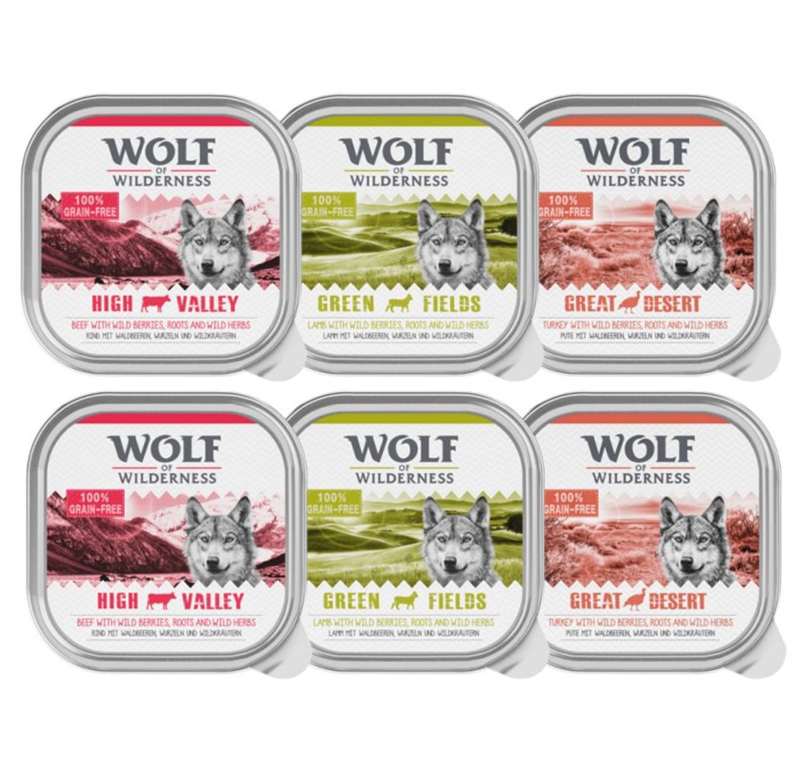 Wolf of Wilderness Adult - Mixpaket - NEU Schale 6 x 300 g: Rind, Pute, Lamm von Wolf of Wilderness