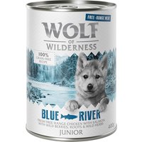 Sparpaket Wolf of Wilderness "Freiland-Fleisch" Junior 12 x 400 g - Junior Blue River - Freiland-Huhn & Lachs von Wolf of Wilderness