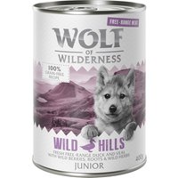 Sparpaket Wolf of Wilderness "Freiland-Fleisch" Junior 12 x 400 g - Junior Wild Hills - Freiland-Ente & Freiland-Kalb von Wolf of Wilderness