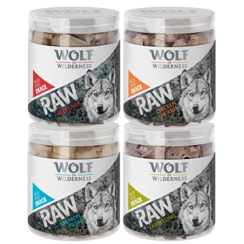 Sparpaket Wolf of Wilderness - RAW Snacks (gefriergetrocknet) - Mix: Rinderleber 90 g, Entenhälse 90 g,, Hühnerherzen 70 g, Lammlunge 50 g von Wolf of Wilderness