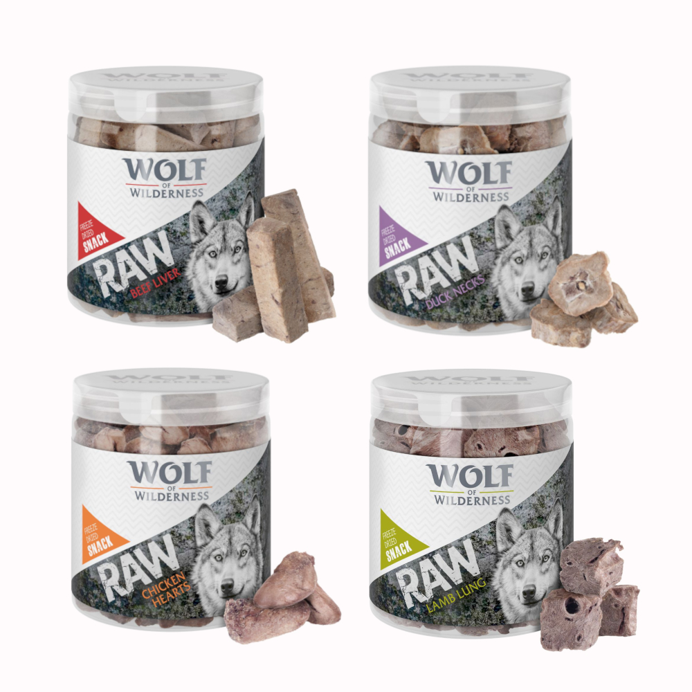 Sparpaket Wolf of Wilderness - RAW Snacks (gefriergetrocknet) - Mix: Rinderleber 90 g, Entenhälse 90 g,, Hühnerherzen 70 g, Lammlunge 50 g von Wolf of Wilderness