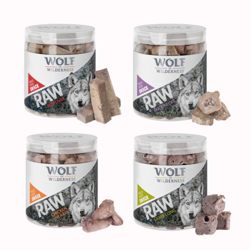 Sparpaket Wolf of Wilderness - RAW Snacks (gefriergetrocknet) - Mix: Rinderleber 90 g, Entenhälse 90 g,, Hühnerherzen 70 g, Lammlunge 50 g von Wolf of Wilderness