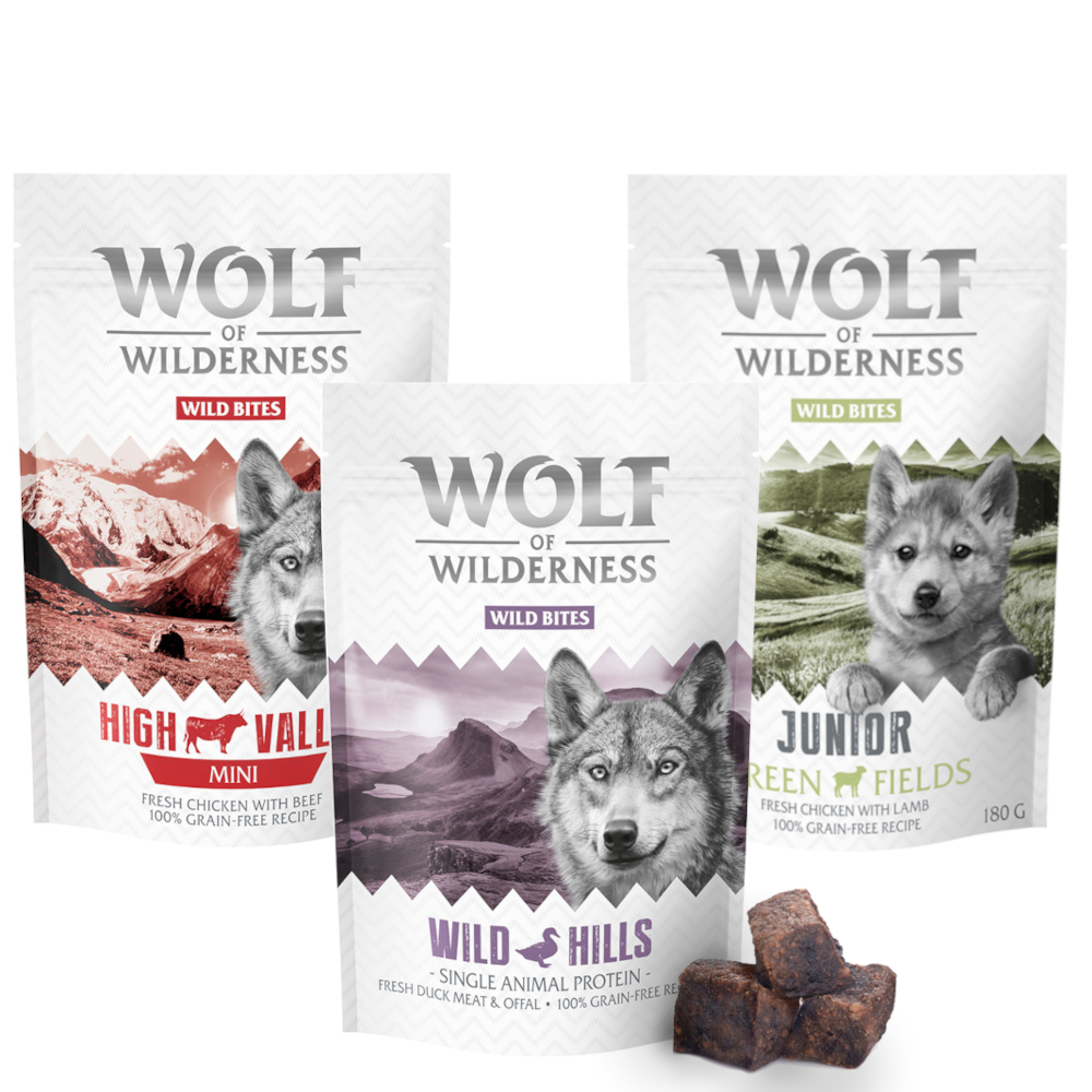 Sparpaket 3 x 180 g: Wolf of Wilderness Snack - Wild Bites - Mix: Huhn, Ente, Lamm (Monoprotein) Sparpaket 3 x 180 g: Wolf of Wilderness Snack - Wild Bites - Mix: Huhn, Ente, Lamm (Monoprotein) von Wolf of Wilderness