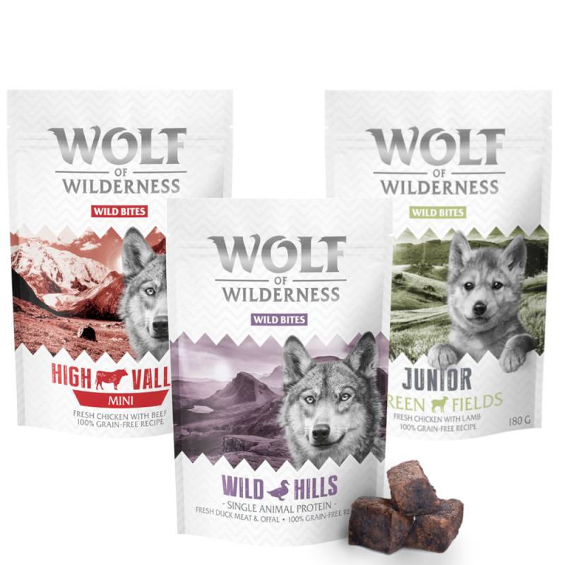 Sparpaket Wolf of Wilderness Snack - Wild Bites 3 x 180 g - Mix: Huhn, Ente, Lamm (Monoprotein) von Wolf of Wilderness