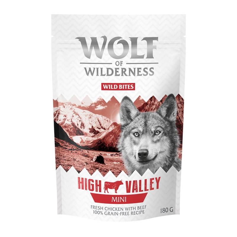 Sparpaket 3 x 180 g: Wolf of Wilderness Snack - Wild Bites - MINI High Valley - Rind & Huhn (kleine Würfel) von Wolf of Wilderness