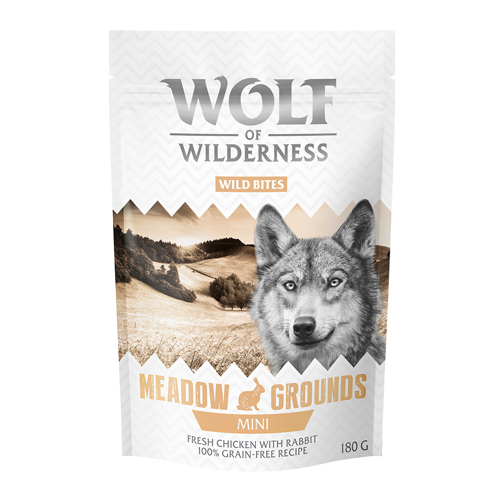 Sparpaket Wolf of Wilderness Snack - Wild Bites 3 x 180 g - Neu: MINI Meadow Grounds - Kaninchen & Huhn (kleine Würfel) von Wolf of Wilderness