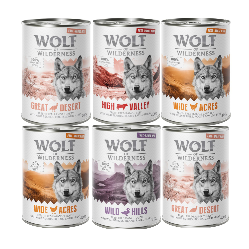Wolf of Wilderness Adult - Single Protein Freilandfleisch/-innereien 6 x 400 g  - 6 x 400 g: Mixpaket Freiland-Pute, Freiland-Huhn, Freiland-Rind, Freiland-Ente von Wolf of Wilderness