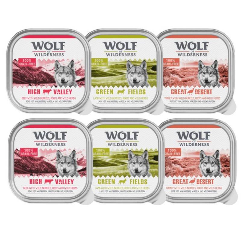 Wolf of Wilderness Adult - Single Protein 6 / 24 x 300 g Schale  - 24 x 300 g: Mixpaket: Rind, Pute, Lamm von Wolf of Wilderness