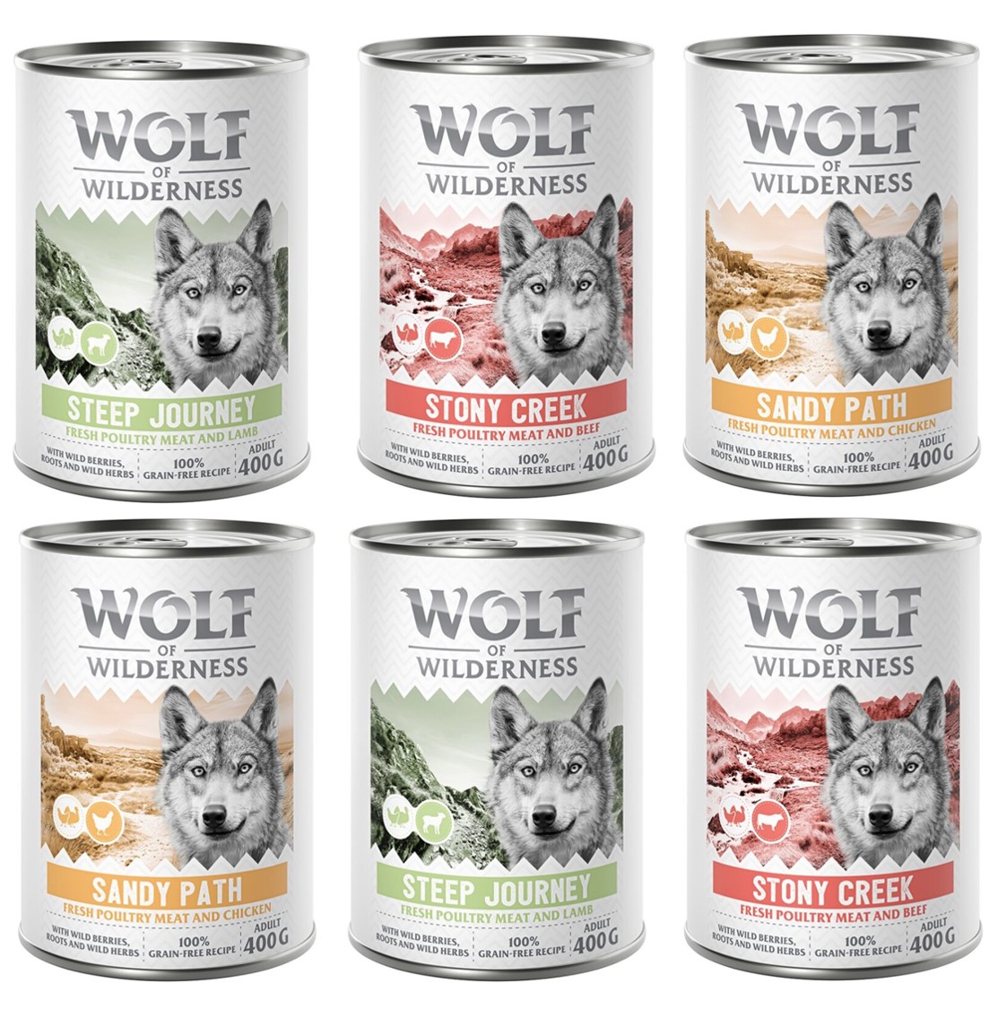 Wolf of Wilderness Adult - mit viel frischem Geflügel 6 x 400 g - Mixpaket: 2x Stony Creek, 2x Sandy Path, 2x Steep Journey von Wolf of Wilderness
