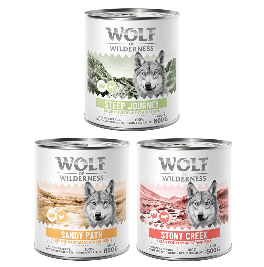 Wolf of Wilderness Adult - mit viel frischem Geflügel 6 x 800 g - Mixpaket: 2x Stony Creek, 2x Sandy Path, 2x Steep Journey von Wolf of Wilderness