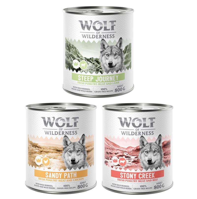 Wolf of Wilderness Adult - mit viel frischem Geflügel 6 x 800 g - Mixpaket: 2x Stony Creek, 2x Sandy Path, 2x Steep Journey von Wolf of Wilderness