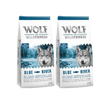 Wolf of Wilderness Adult Blue River, reich an Omega 3 Fettsäuren, enthält 61% reines Fleisch, niedriger Kohlenhydratgehalt – Lachs (2 x 12 kg) von Wolf of Wilderness