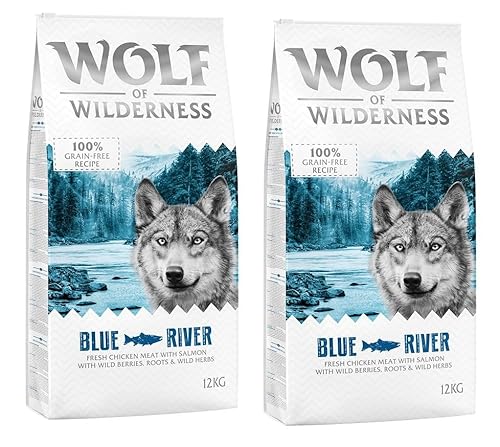 Wolf of Wilderness Adult Blue River, reich an Omega 3 Fettsäuren, enthält 61% reines Fleisch, niedriger Kohlenhydratgehalt – Lachs (2 x 12 kg) von Wolf of Wilderness