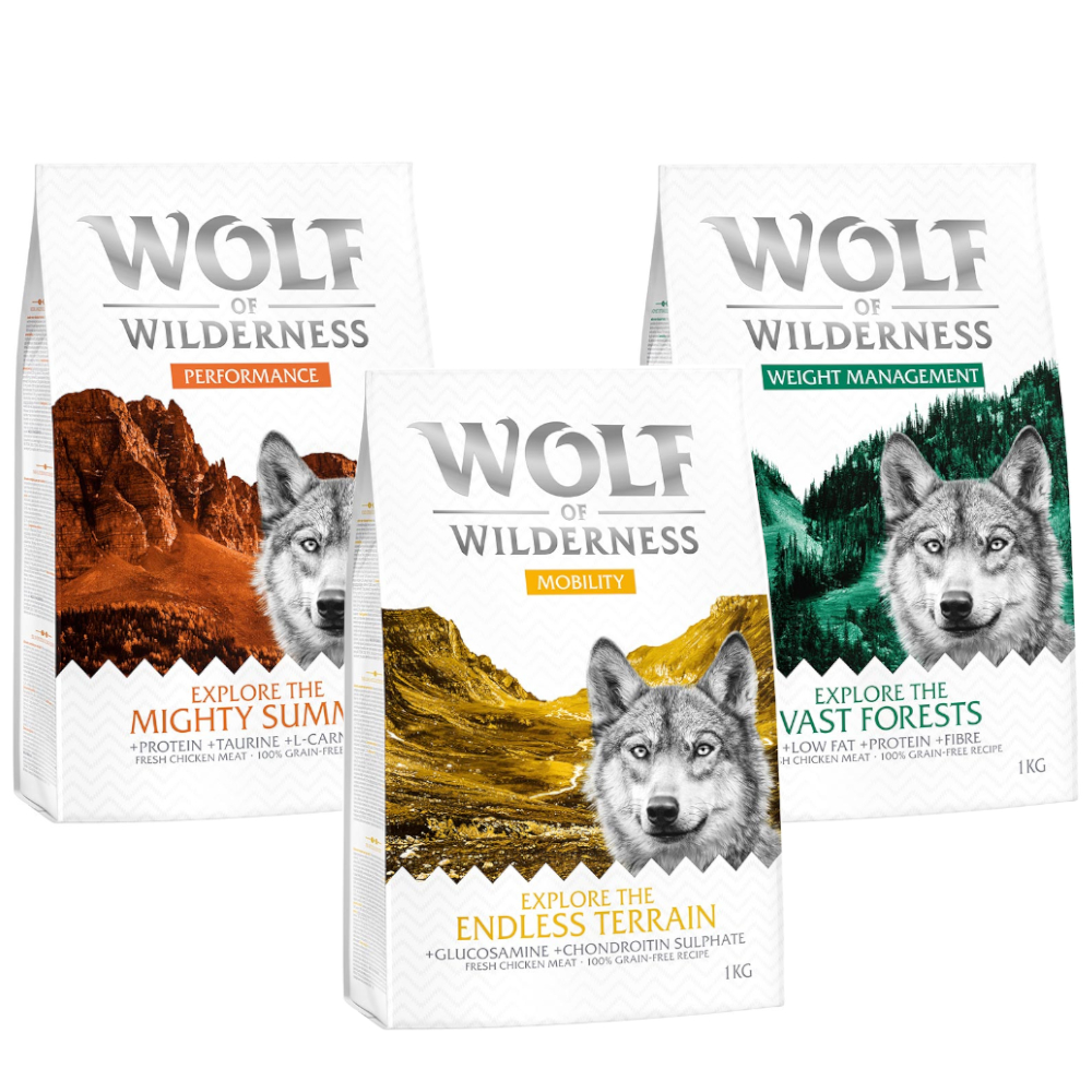 Wolf of Wilderness Mix-Sparpakete - getreidefrei ADULT Power-Mix: Performance, Mobility, Weight Management (3 x 1 kg) von Wolf of Wilderness