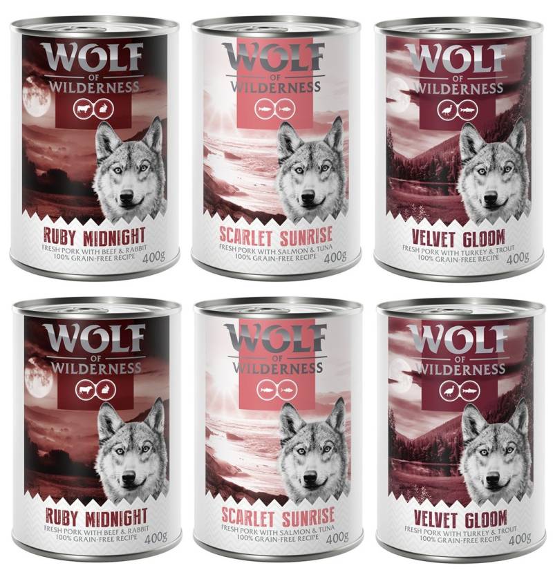 Wolf of Wilderness Adult - Mixpaket - 6 x 400 g: 2x Ruby Midnight, 2x Scarlet Sunrise. 2x Velvet Gloom von Wolf of Wilderness