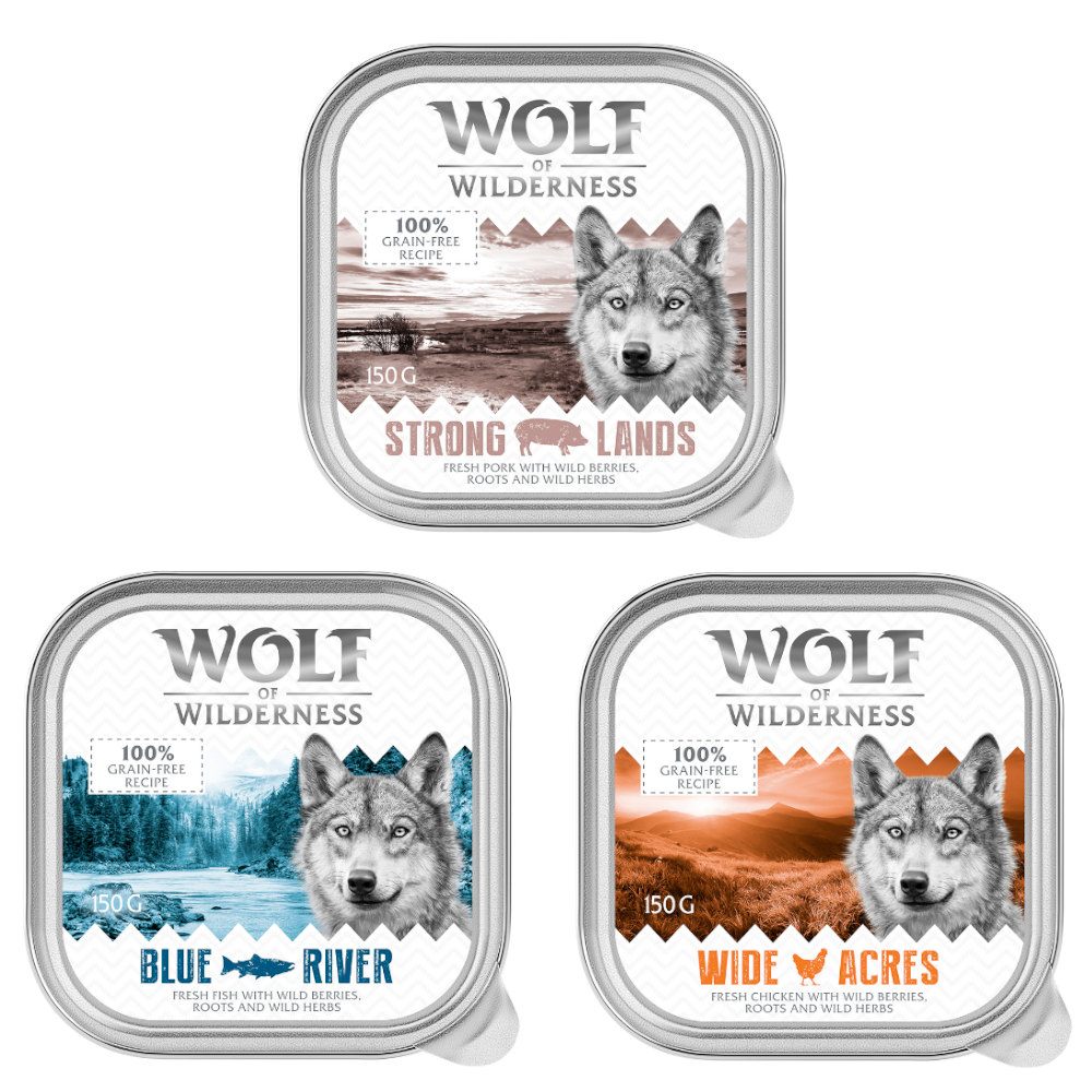 Wolf of Wilderness Adult - Single Meat 6 x 150 g Schale - Mixpaket: Huhn, Fisch, Schwein von Wolf of Wilderness