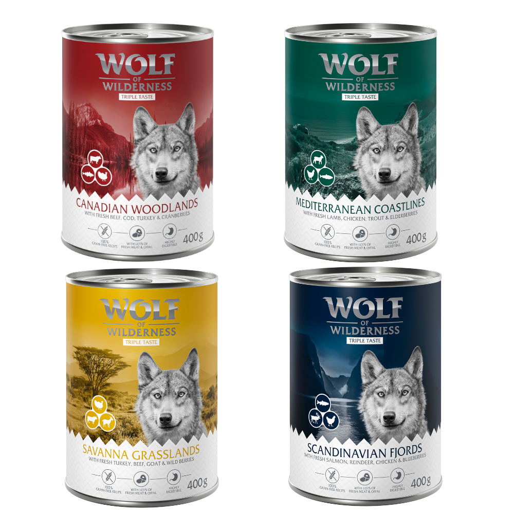 Wolf of Wilderness Adult - "Taste of" 6 / 24 x 400 g - 24 x 400 g: Mixpaket of 6x Canada, 6x Scandinavia, 6x Mediterranean, 6x Savanna von Wolf of Wilderness