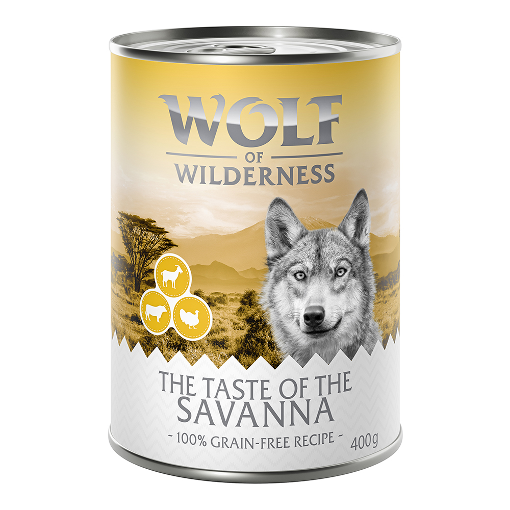 Wolf of Wilderness Adult - "The Taste Of" 6 x 400 g - 6 x 400g: Taste Of The Savanna - Pute, Rind, ZIEGE von Wolf of Wilderness